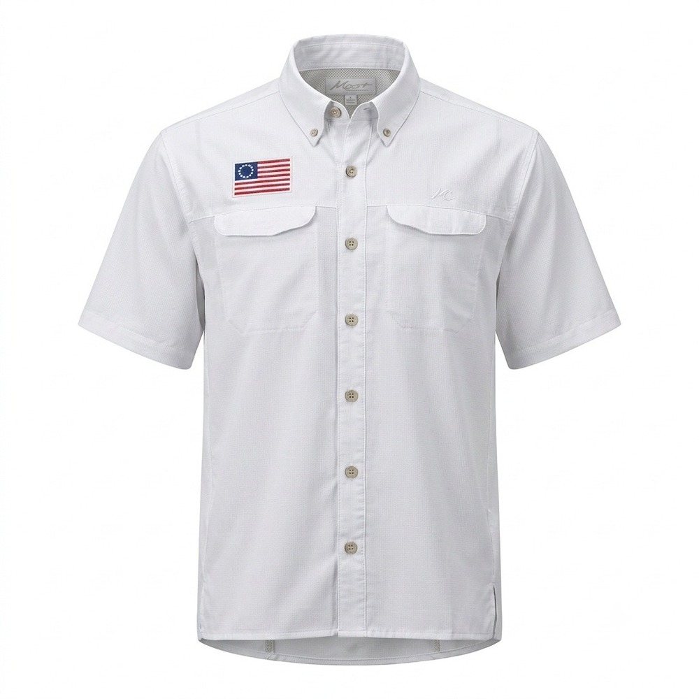 Mojo Sportswear Fishing Shirt Vented American Flag Button Up White Large UPF 50+